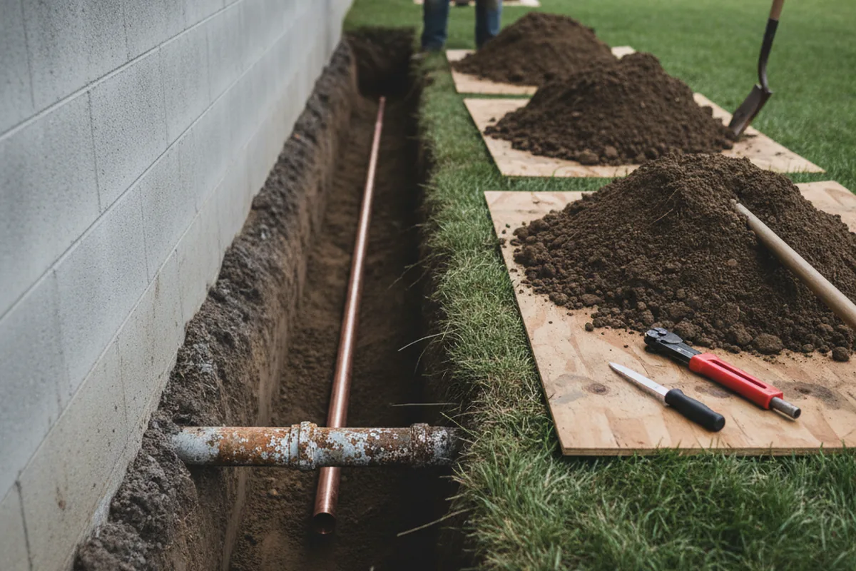 Excavated water line trench during Water Softener Installation in Battleboro
